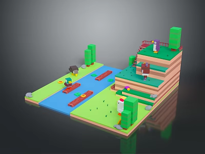 Vibrant Pixel Style Landscape With Terraced Terrain Green Trees Blue River And Grass 3d model