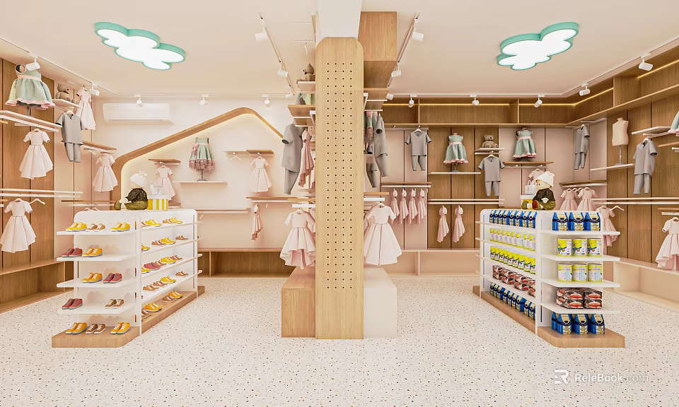 Kids Clothing Store Interior With Pink Outfits Shoes And Cloud Shaped Lights 3d model 