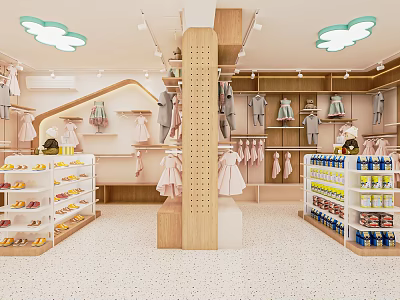 Kids Clothing Store Interior With Pink Outfits Shoes And Cloud Shaped Lights 3d model