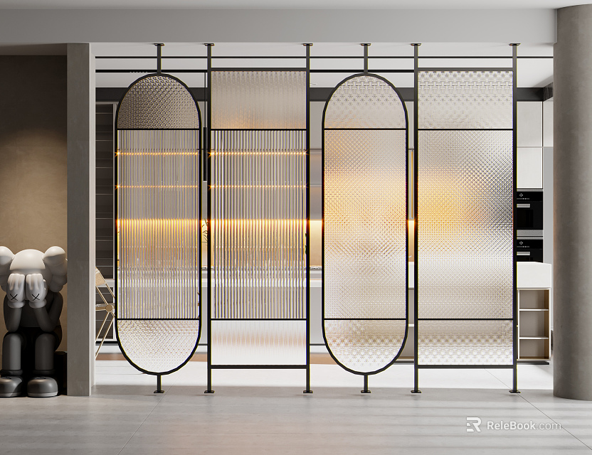 Modern Room Divider with Arched Frames and Textured Glass Panels in Interior Space 3d model 