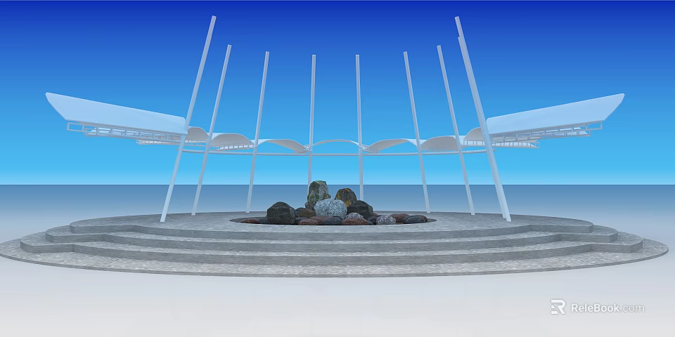 Serene Garden Landscape With Circular Stone Arrangement Multi Tiered Steps And White Column Structure 3d model 
