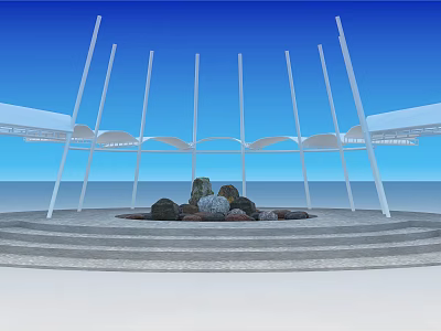 Serene Garden Landscape With Circular Stone Arrangement Multi Tiered Steps And White Column Structure 3d model