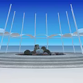 Serene Garden Landscape With Circular Stone Arrangement Multi Tiered Steps And White Column Structure
