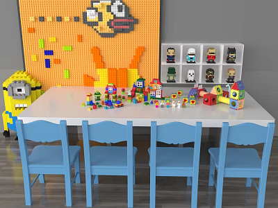 Kids Table With Blue Chairs Building Blocks Toys And Colorful Wall Decor 3d model
