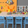 Kids Table With Blue Chairs Building Blocks Toys And Colorful Wall Decor