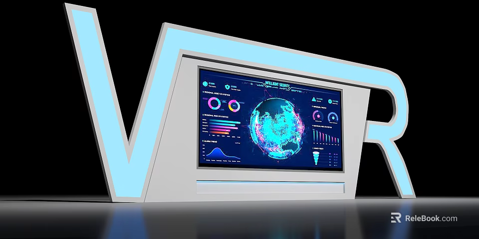 Modern VR Display Featuring Data Charts Globe Visualization And Illuminated Letters 3d model 