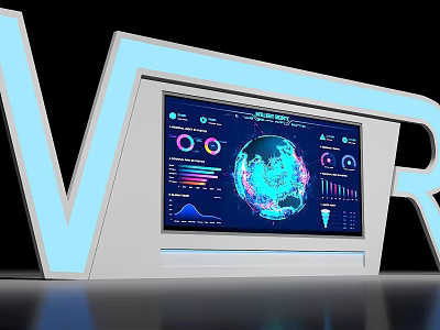 Modern VR Display Featuring Data Charts Globe Visualization And Illuminated Letters 3d model