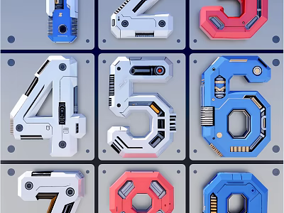 3D Numbers In Mechanical Design With Colorful Details And Geometric Shapes 3d model
