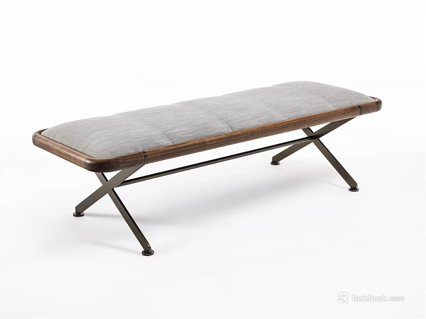 Modern Wooden Frame Ottoman Bench With Gray Padded Cushion And Cross Metal Legs 3d model 