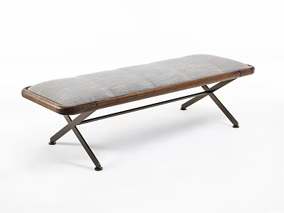 Modern Wooden Frame Ottoman Bench With Gray Padded Cushion And Cross Metal Legs 3d model