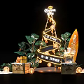 Tsingtao Beer Decorative Setup With Lighted Tree Green Plants And Wooden Boxes