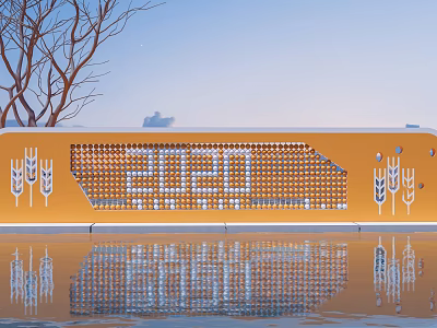 Orange Feature Wall with 2020 Numbers Wheat Ear Patterns Water Reflection and City Skyline 3d model