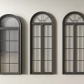 Arched Top Casement Windows with Grid Glass Black Frame on Light Wall 3d model