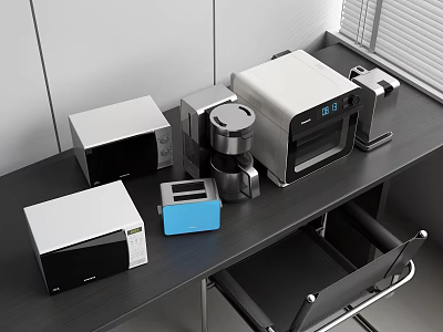 Modern Kitchen Appliances Including Microwave Coffee Maker Oven And Toaster On Dark Table 3d model