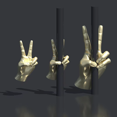 Golden Peace Sign Hands Partially Hidden Behind Black Pillars in Minimalist 3d model