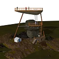 Roadside Scenic Observation Facility Built On Large Rocks With Wooden Platform Metal Ladder And Tent