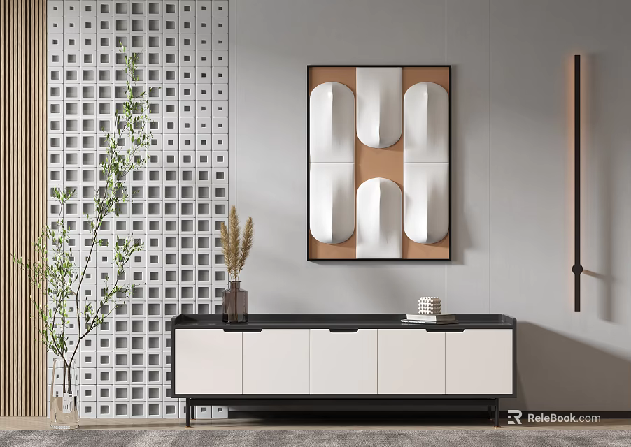 Modern Black And White TV Stand With Geometric Wall Art And Potted Plant Decor 3d model 