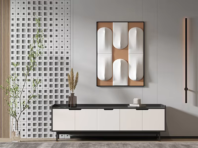 Modern Black And White TV Stand With Geometric Wall Art And Potted Plant Decor 3d model