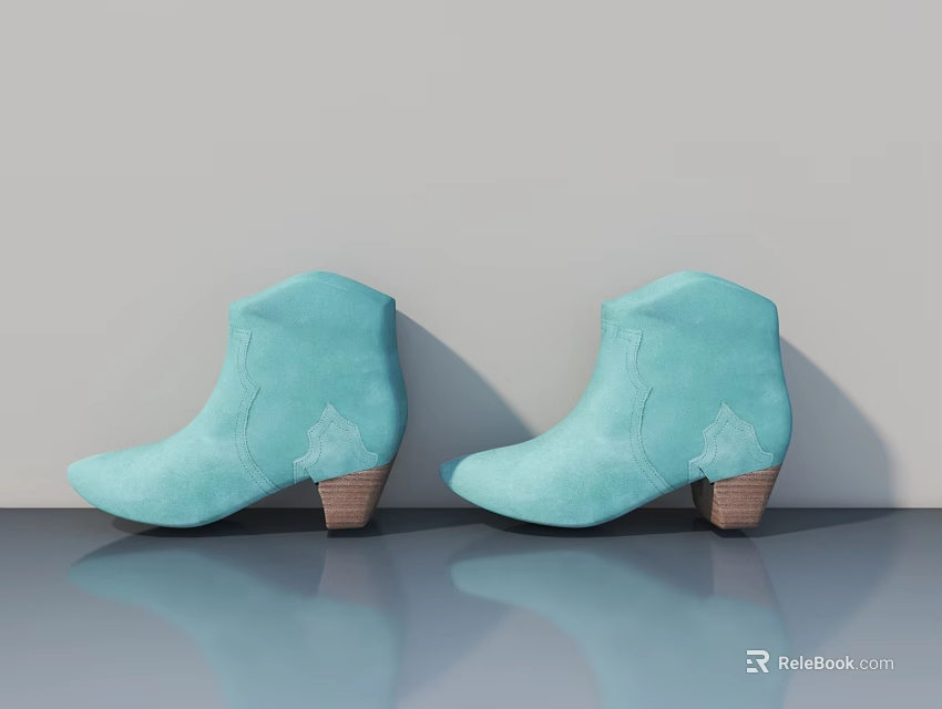 Light Blue Ankle Boots With Wooden Heels On Smooth Gray Surface And Reflection 3d model