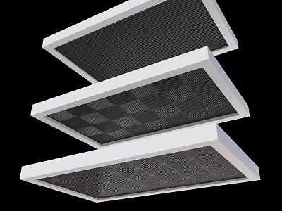 Three Layered Ceiling Design Featuring White Border And Black Grille Panels 3d model