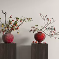 Red And Purple Vases With Red Berries Yellow Fruits On Dark Wooden Pedestals