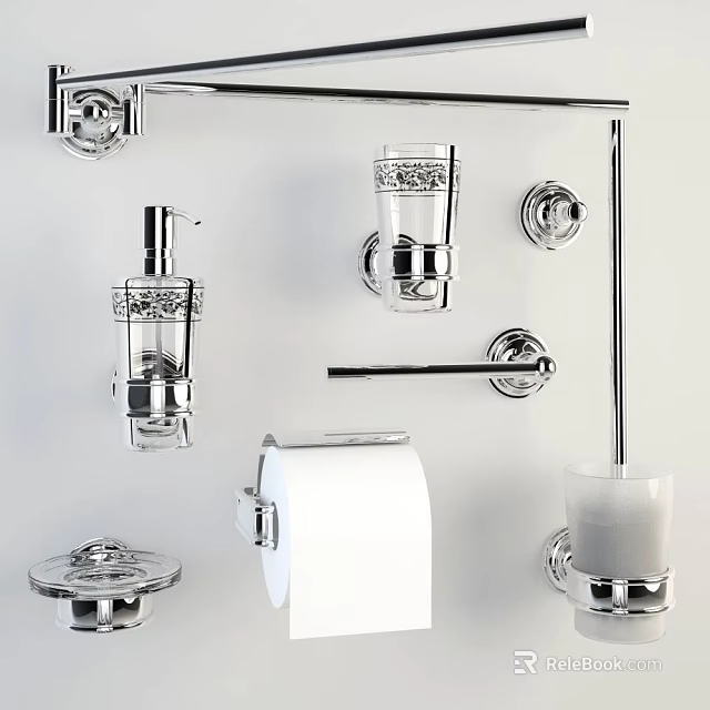 Modern Bathroom Accessories with Chrome Towel Bar Soap Dispenser Toothbrush Holder and Toilet Paper Roll 3d model 