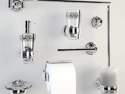 Modern Bathroom Accessories with Chrome Towel Bar Soap Dispenser Toothbrush Holder and Toilet Paper Roll 3d model
