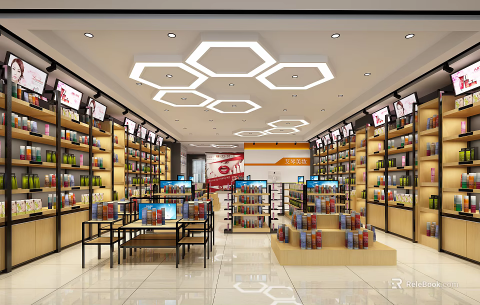 Retail Store Interior With Hexagonal Ceiling Lights And Well Stocked Shelves 3d model 