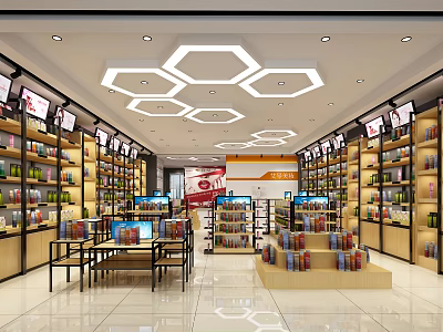 Retail Store Interior With Hexagonal Ceiling Lights And Well Stocked Shelves 3d model