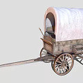 Traditional Wooden Covered Wagon With White Canvas Top And Spoked Wheels