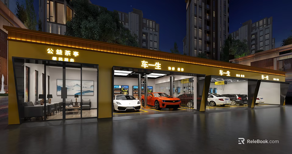 Car Specialty Store Showroom Displaying Various Colored Cars At Night 3d model 