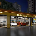 Car Specialty Store Showroom Displaying Various Colored Cars At Night