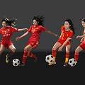 Women in red sportswear playing football against black background with energetic movements and soccer balls