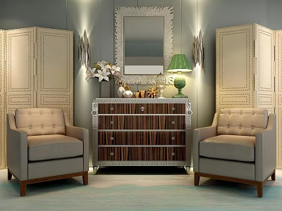 Elegant Console Cabinet Interior With Beige Armchairs Decorative Mirror Green Lamp And Wall Sconces 3d model