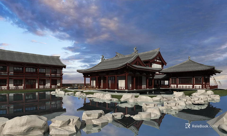 Ancient Chinese Architecture With Tiled Roofs Stone Pond And Water Reflections 3d model 