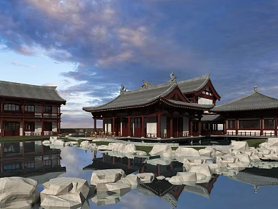 Ancient Chinese Architecture With Tiled Roofs Stone Pond And Water Reflections 3d model