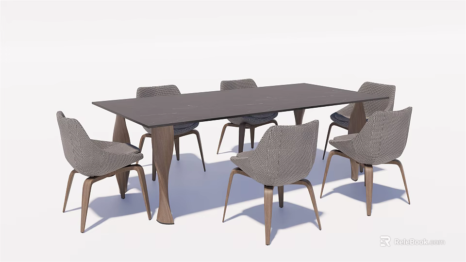 Modern Dining Table Set With Six Wooden Chairs And Woven Backrest Design 3d model
