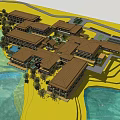 Traditional Waterfront Hotel Building With Brown Roof Wooden Terrace And Trees