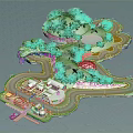 Cartoon Scenery Of Island With Green Trees Winding Roads Buildings Red Structure And Blue Water