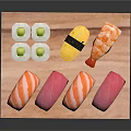 Sushi Platter With Various Types Of Fresh Fish And Rice On Wooden Tray