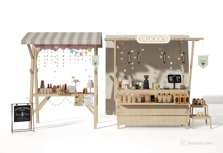 Wooden Food Stalls With Striped Awning Delicious Sign Cakes Beverages And Coffee Machine 3d model 