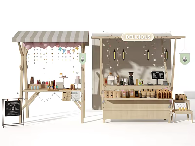 Wooden Food Stalls With Striped Awning Delicious Sign Cakes Beverages And Coffee Machine 3d model