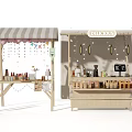 Wooden Food Stalls With Striped Awning Delicious Sign Cakes Beverages And Coffee Machine