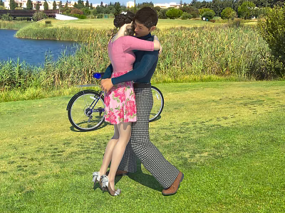 Couple Hugging Outdoors On Green Grassland With Lake And Bicycle 3d model