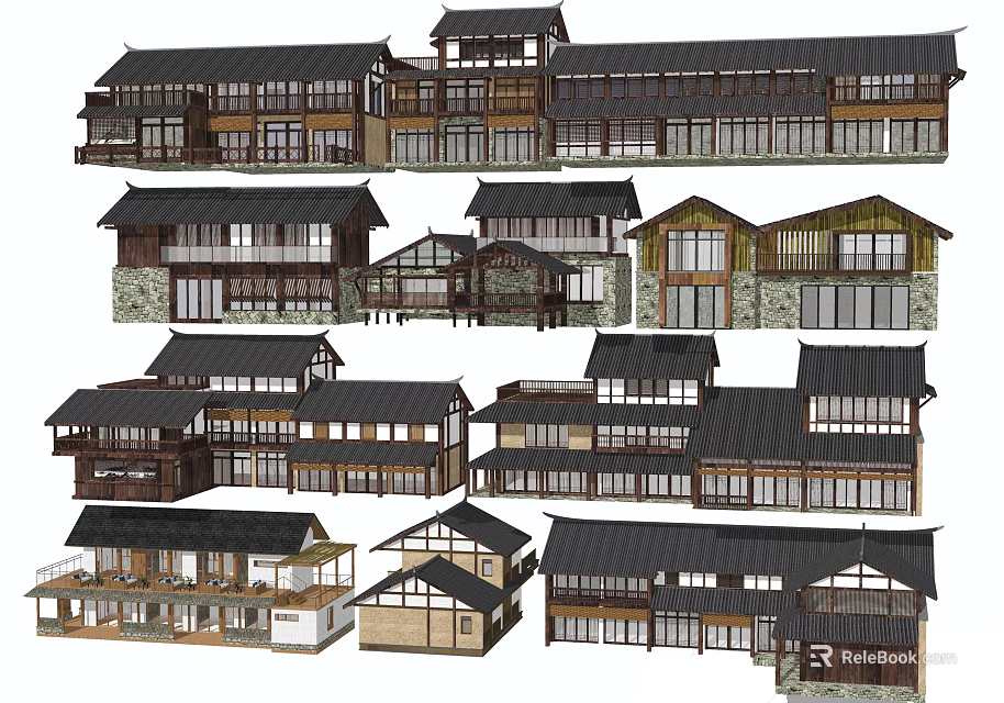 Traditional Japanese Houses Featuring Multiple Wooden Structures Black Roofs And Exterior Design 3d model 