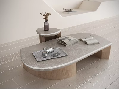 Modern Minimalist Coffee Table With Wooden Base Stone Top Tray Books And Vase 3d model