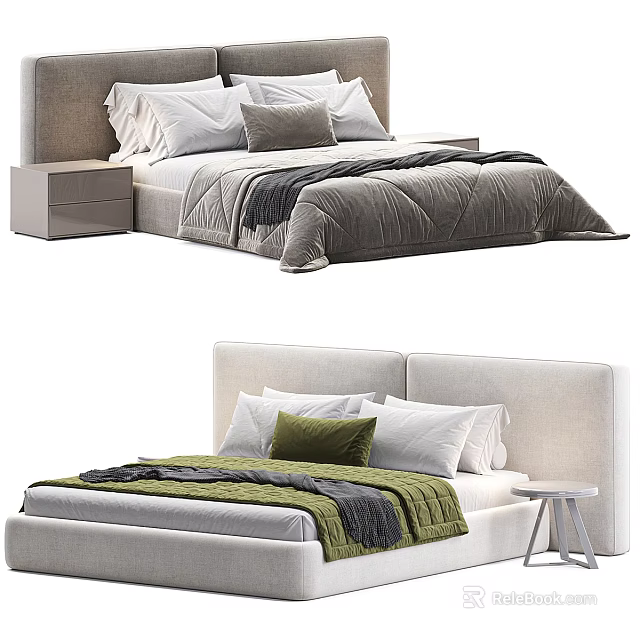 Modern Double Bed With Upholstered Headboard White Green Pillows Gray Throw And Side Table 3d model 