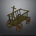 Vintage Wooden Cart With Red Wheels Yellow Frame And Cross Structure