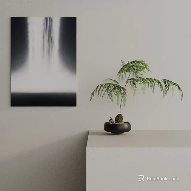 Bonsai Fern Plant in Black Pot on White Stand with Wall Waterfall Painting 3d model 