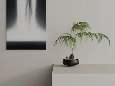 Bonsai Fern Plant in Black Pot on White Stand with Wall Waterfall Painting 3d model